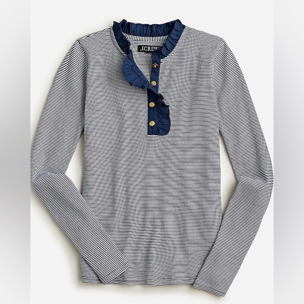 J.Crew Size S Ruffle-Collar Long-Sleeve Shirt in Navy White Striped Vintage Rib